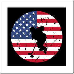 American Flag and Ice Hockey Player Silhouette, A silhouette of an ice hockey player overlaid on a distressed American flag, encapsulating patriotism and sportsmanship. Posters and Art